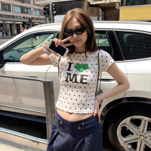 美式复古波点字母短袖T恤显瘦