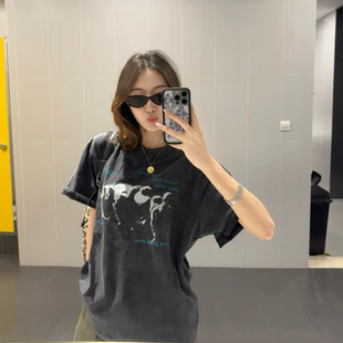 前后字母印花宽松百搭纯棉上衣男 t恤女夏季 美式 复古水洗做旧短袖