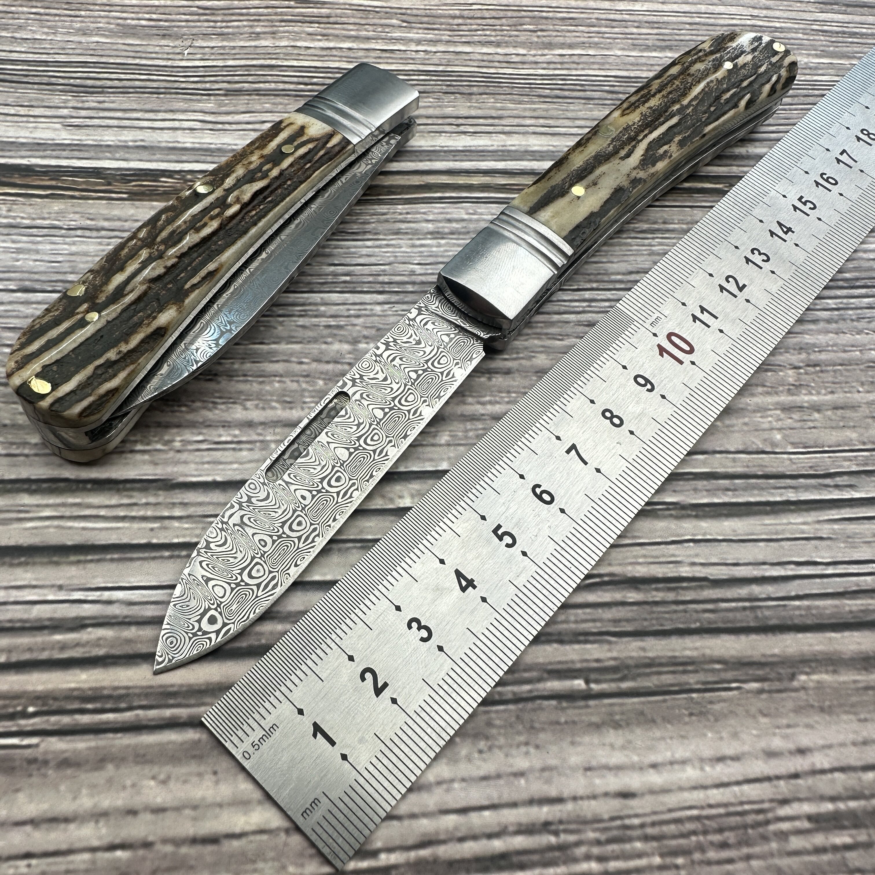 JX进口大马士革钢口袋刀鹿角柄折叠水果刀随身钥匙家用手工作收藏