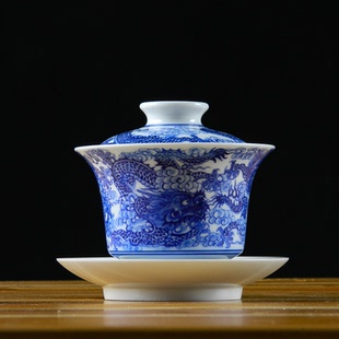 景德镇陶瓷茶器仿古青花五龙三才盖碗