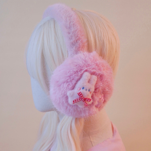 本守造原创手工蝴蝶结小兔子毛绒仿皮草耳罩日系保暖秋冬粉色