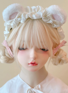 本守造原创手工毛绒小熊耳朵缎面褶皱发箍兽耳lolita毛绒kc白色