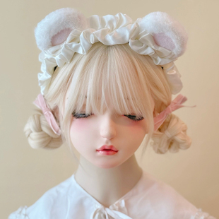 本守造原创手工毛绒小熊耳朵缎面褶皱发箍兽耳lolita毛绒kc白色