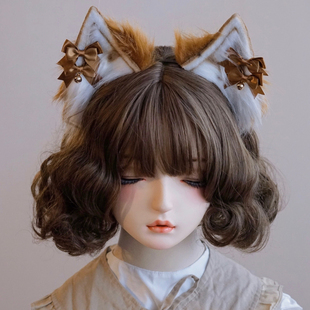 本守造原创手工双蝴蝶结铃铛棕色小猫耳朵发箍兽耳lolita毛绒kc