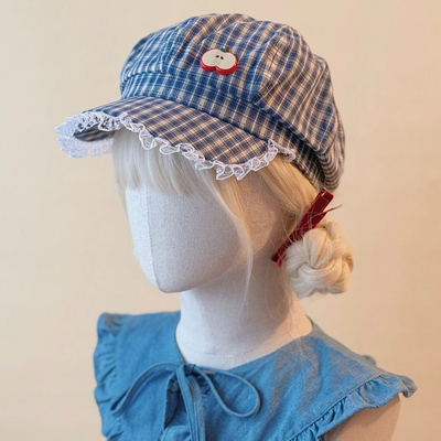 本守造原创小苹果蕾丝蓝格报童帽