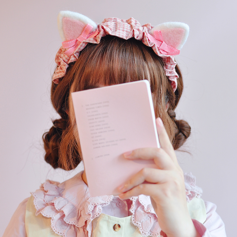 原创手工发箍羊毛毡粉色格子日系