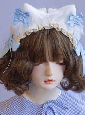 本守造原创手工猫耳发带bnt lolita kc浅蓝色蝴蝶结蕾丝