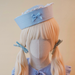 本守造原创手工格子小蝴蝶结蕾丝护士帽水手帽船长帽秋冬拍照蓝色