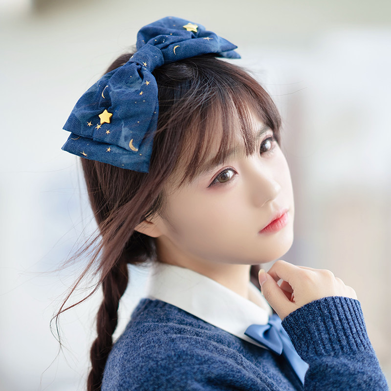 本守造原创手工牛仔双层大蝴蝶结针织发带星星星空日本日系日韩