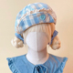 本守造原创手工爱心纽扣蕾丝蓝白格子贝雷帽春秋日系蓝白色