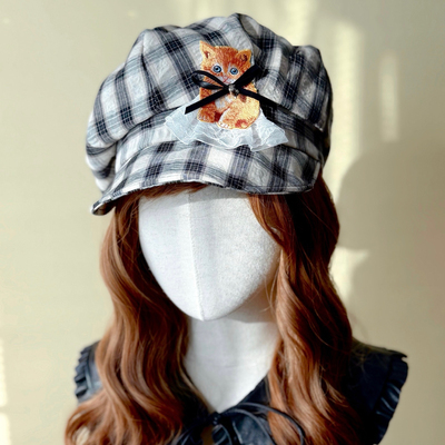 本守造原创橘色小猫黑白格报童帽