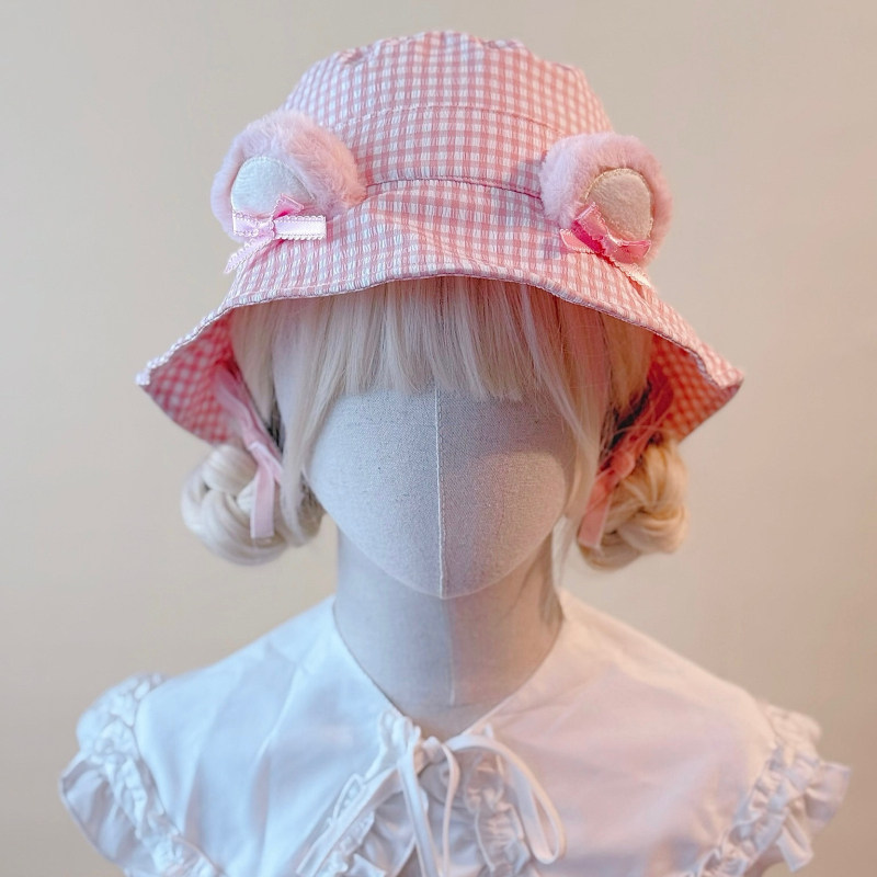本守造原创手工毛绒小熊耳朵小格子渔夫帽遮阳帽春夏粉色,服饰配件/皮带/帽子/围巾,帽子,淘宝优惠券,粉丝福利购,淘宝优惠卷