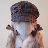 本守造原创手工蝴蝶结蓝棕格纹报童帽秋冬保暖棕色