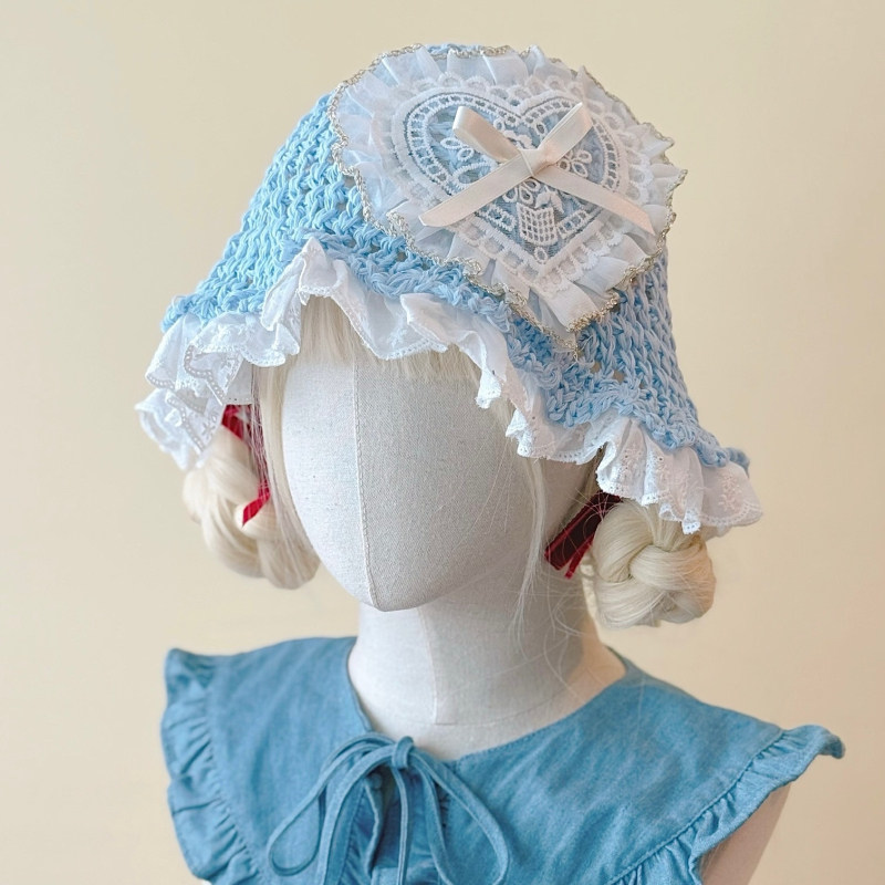 本守造原创手工荷叶边纱质爱心钩针渔夫帽春夏蓝色白色