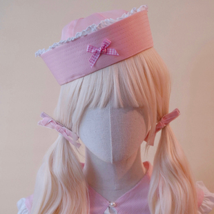 本守造原创手工格子小蝴蝶结蕾丝护士帽水手帽船长帽秋冬拍照粉色
