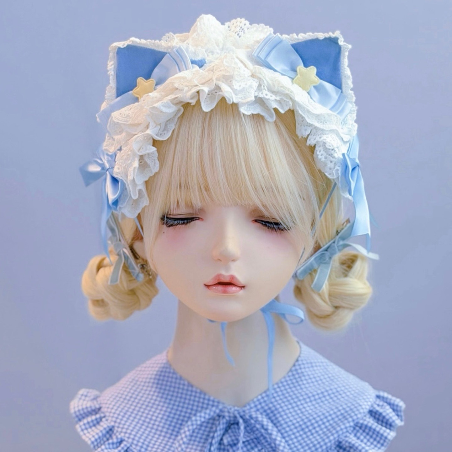 本守造原创手工星星蝴蝶结猫耳发带兽耳lolita蕾丝褶皱bnt蓝色