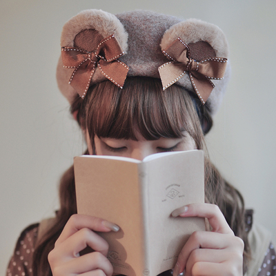 本守造原创手工毛呢贝雷帽小熊耳朵蝴蝶结日韩日系lolita秋冬保暖