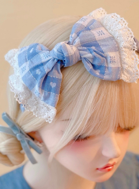 本守造原创手工蕾丝蓝色小方格蝴蝶结发箍头箍软妹百搭甜美蓝色系