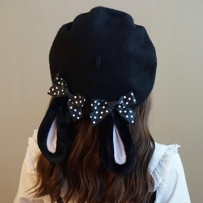本守造原创手工兔耳朵黑色贝雷帽