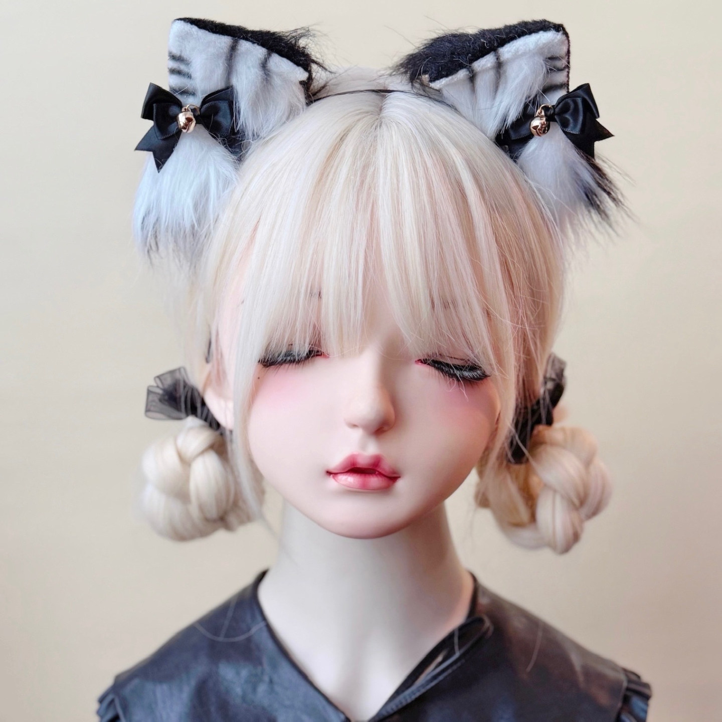 本守造原创手工铃铛蝴蝶结虎斑纹毛绒猫耳发箍Lolita兽耳kc黑白色