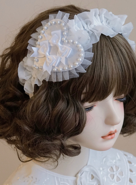 本守造原创手工缎面蝴蝶结荷叶边爱心发箍头箍白色日韩日系Lolita