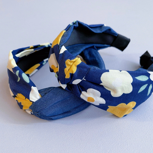 本守造原创手工碎花发箍头箍打结森系森女文艺深蓝花朵