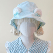 本守造原创手工毛绒小熊耳朵蓝色小格渔夫帽遮阳帽帽子春夏蓝色