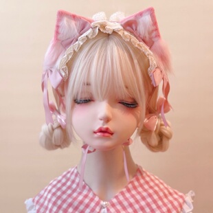 本守造原创手工毛绒猫耳蕾丝缎带发带兽耳lolita蕾丝褶皱bnt粉色