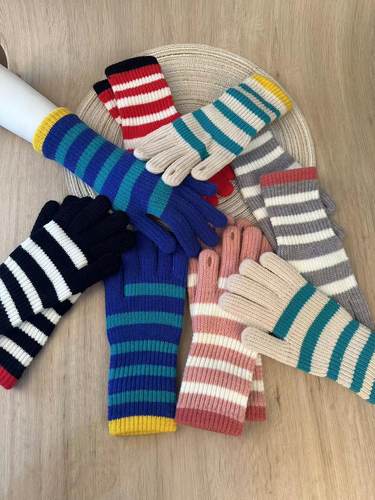 小香针织毛线手套条纹加长筒开洞