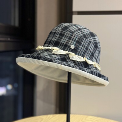 2026新款格纹花边大帽檐渔夫帽女夏遮阳盆帽高级感大头围户外百搭