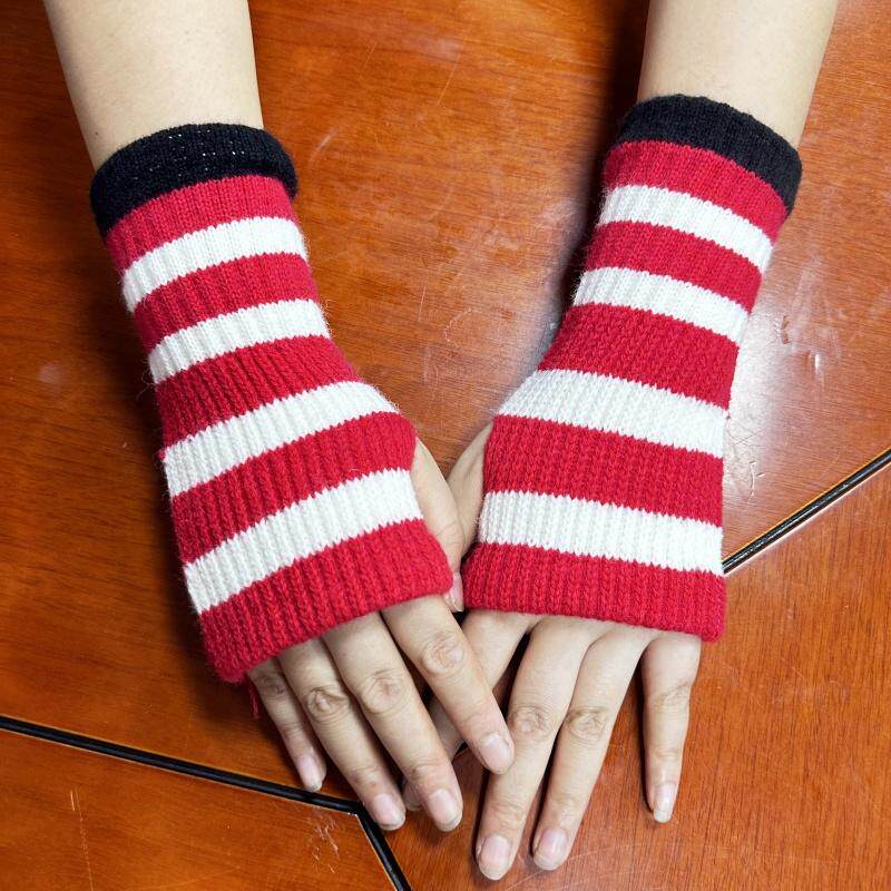 女士拼色条纹毛线手套