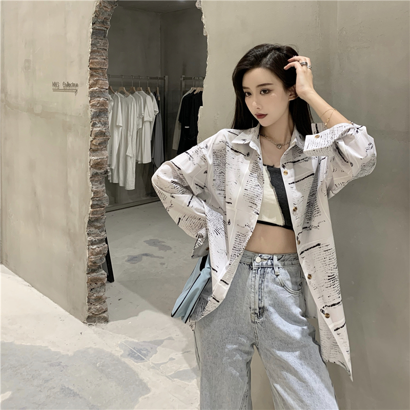 Hong Kong Style loose poster long sleeve foreign style shirt coat + asymmetric color matching thread vest