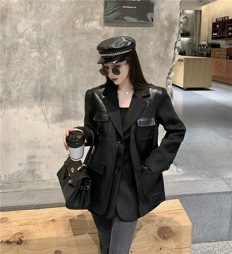 Real shot 2020 winter new suit coat fake two pieces of PU leather splicing woolen coat + dual purpose waist bag