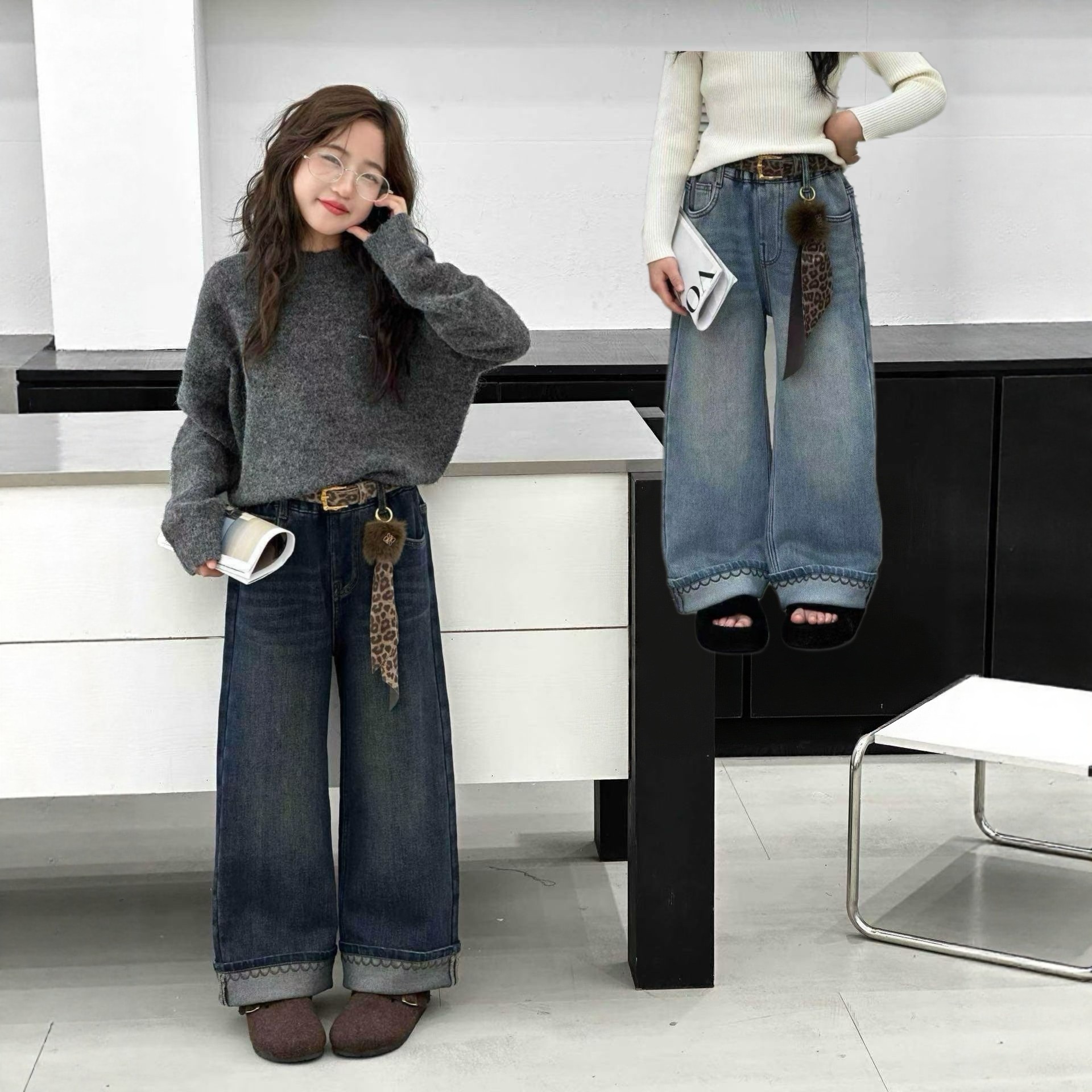 女童加绒裤子秋冬2025新款儿童一体绒阔腿裤冬装女大童直筒牛仔裤,童装/婴儿装/亲子装,儿童牛仔裤,淘宝优惠券,粉丝福利购,淘宝优惠卷