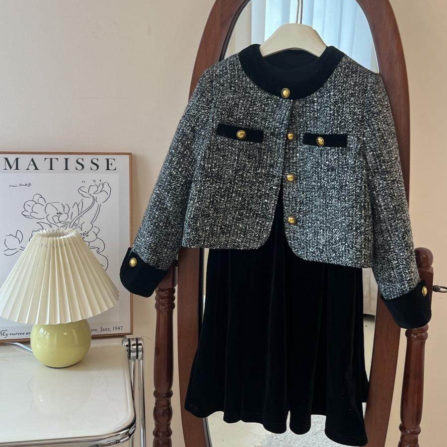 2025冬季新款女童小香风短款外套拼接丝绒连衣裙套装大童,童装/婴儿装/亲子装,套装,淘宝优惠券,粉丝福利购,淘宝优惠卷