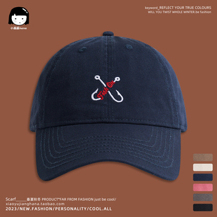 日系休闲复古遮阳鱼钩刺绣鸭舌帽女港风工装钓鱼佬防晒棒球帽男潮