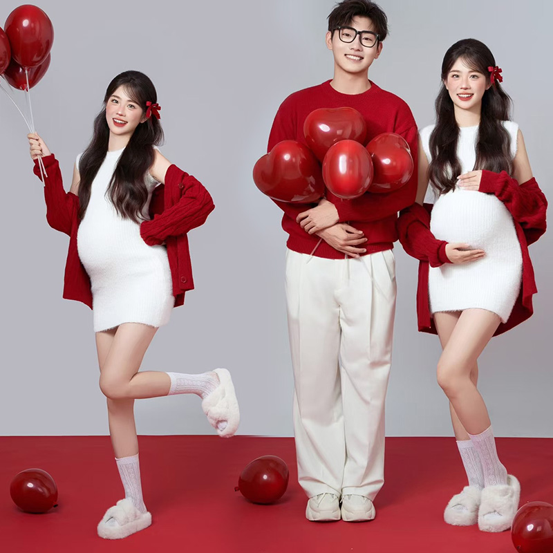 影楼新款圣诞新年主题红色毛衣开衫孕妇写真氛围感艺术照摄影服装