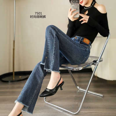 品牌女装女裤2026春季M7501专柜弹力腰修身时尚开衩喇叭牛仔裤