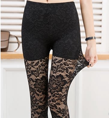 秋装新款打底裤女外穿蕾丝小脚裤修身显瘦镂空九分女裤大码加长