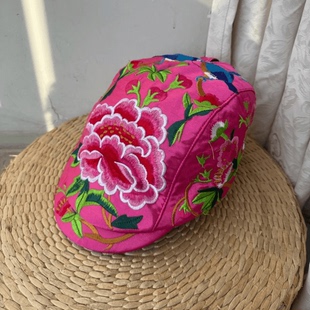 中国风休闲帽杨丽萍风格绣花帽鸭舌帽复古女士帽遮阳民族刺绣帽子