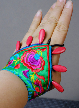 民族风刺绣花卉半指手套手链