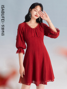 小红裙女 雪纺连衣裙设计感小众小个子泡泡袖 衣纱布菲朵薇 夏季