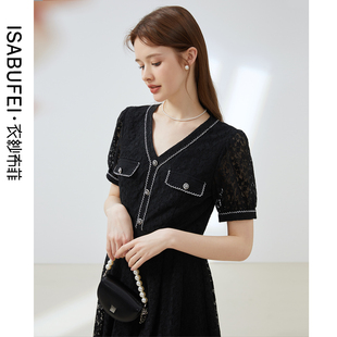 女泡泡袖 蕾丝a字连衣裙夏装 收腰小黑裙 法式 衣纱布菲漫星