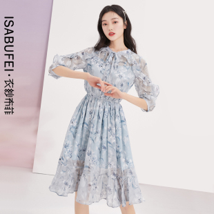 衣纱布菲仙眉 超仙森系甜美雪纺连衣裙夏天收腰荷叶边印花裙子女