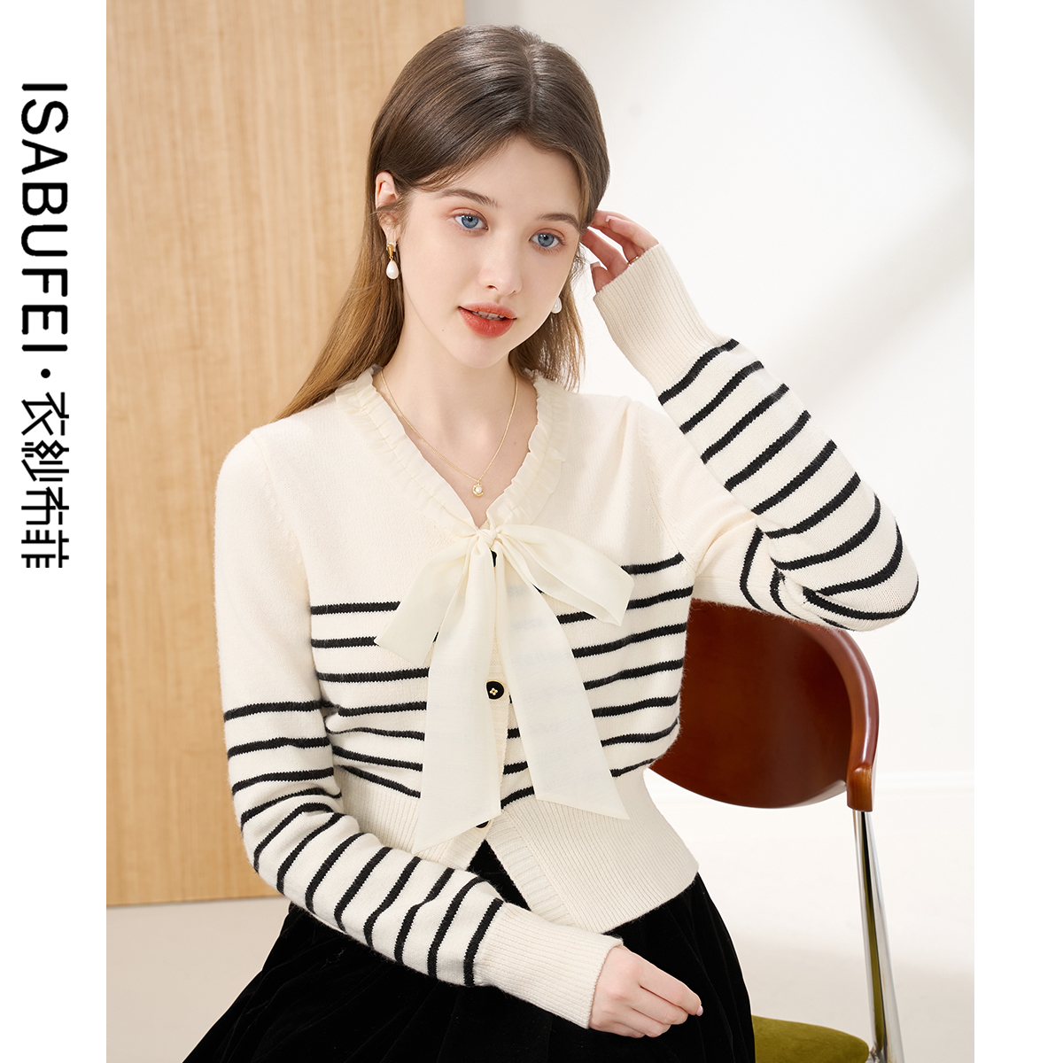 木耳边蝴蝶结条纹毛衣温柔百搭