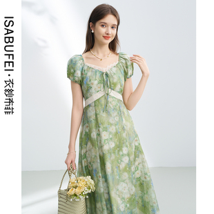 仙逸浪漫裙子女 新款 衣纱布菲青簪仙逸莫奈印花修身 连衣裙2025夏季