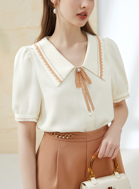 衣纱布菲鸢璃 复古娃娃领衬衫夏装女刺绣蝴蝶结气质上衣