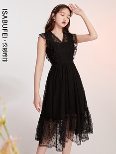 衣纱布菲黛米 黑色蕾丝网纱连衣裙夏性感V领荷叶边收腰裙子小黑裙