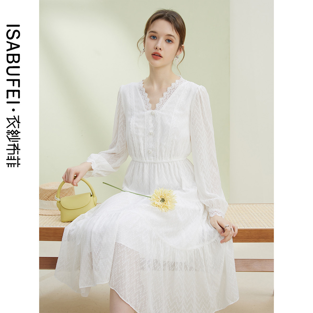 衣纱布菲浅风 剪花雪纺连衣裙新款女春蕾丝v领收腰白色蛋糕裙,女装/女士精品,连衣裙,淘宝优惠券,粉丝福利购,淘宝优惠卷
