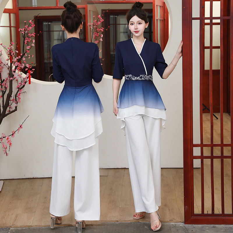 新中式美容师养生理疗禅茶工作服性感渐变荷叶边足浴店技师服套装